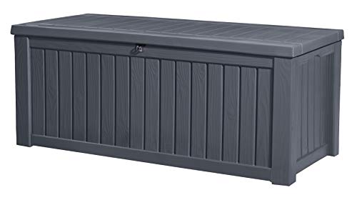 Keter Kissenbox Rockwood, graphit, 570l Fassungsvermögen, Außenmaße: 155 x 72,4 x 64,4 cm, Auflagenbox wasserdicht, für Outdoor geeignet, Keterbox