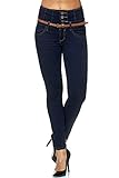 Elara Damen Jeans Skinny High Waist Hose mit Gürtel und Push Up Effekt Chunkyrayan 1577 Blue-40 (L)