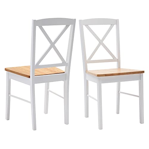 Duhome 2er Set Esszimmerstuhl aus Holz Küchenstuhl Weiß lackiert Retro Sitzfläche aus Massivholz mit Stoffbezug Polsterstuhl, Farbe:Natural - White, Material:Holz