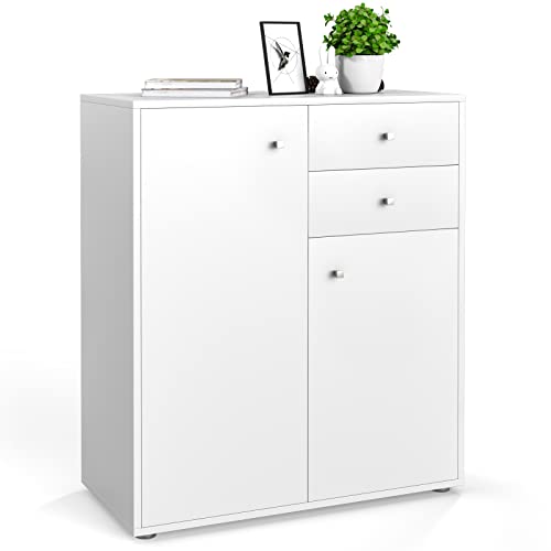 COSTWAY Kommode mit 2 Türen und 2 Schubladen, mit verstellbarem Regal, multifunktionales Sideboard weiß, Aufbewahrungsschrank Holz, 72 x 34 x 85,5 cm (Weiß)