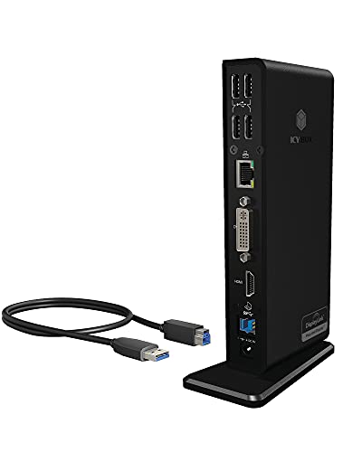ICY BOX Laptop Docking Station (11-in-1) für 2 Monitore (1x HDMI & 1x DVI) mit USB 3.0, 6-fach USB HUB, Gigabit Ethernet, Audio, Schwarz, IB-DK2241AC
