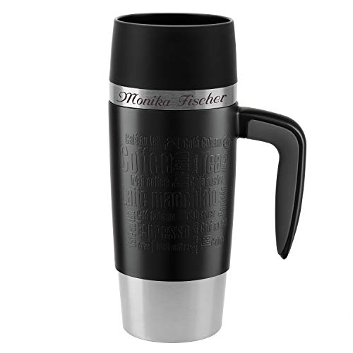 Emsa Thermobecher Travel Mug Handle Schwarz 360 ml mit Griff und persönlicher Rund-Gravur gelasert Edelstahl Quick Express Verschluss