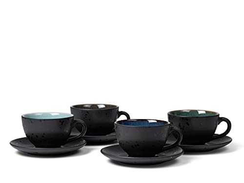 BITZ Tassen, Kaffeetassen mit Untertasse, Steingut, 24 cl, 4er-Set, Blau, Grün, Hellblau, Grau