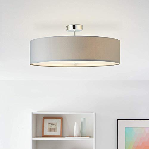 Lightbox moderne Deckenlampe - Deckenleuchte mit schlichtem Stoffschirm - Metall/Textil Chrom/Hellgrau - 60cm Durchmesser