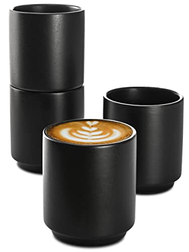 Cappuccino Tassen 4er Set Schwarz aus Keramik - Stapelbares Design - Entworfen für Latte Art - 200 ml