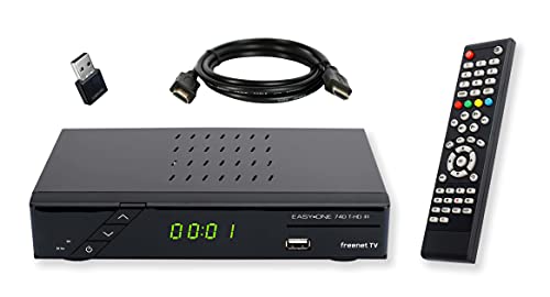 Set-ONE EasyOne 740 HD DVB-T2 Receiver inkl. 3 Monate gratis Freenet TV (Private Sender in HD), PVR Ready, Full-HD 1080p, HDMI, HBBTV, Mediaplayer, USB 2.0, 12V tauglich, 1,5m HDMI Kabel, WLAN Stick