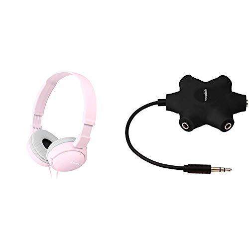 Sony MDR-ZX110 Faltbarer Bügelkopfhörer Leistungsstarker Klang, rosa & Amazon Basics - 5-Wege Aux Audio-Splitter für Kopfhörer, Schwarz