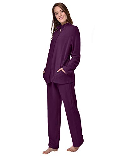 RAIKOU Damen Hausanzug Elegant Volltonfarbe Micro-Fleece Schlafanzug Freizeitanzug Hausanzug mit Reißverschluss (44/46,Granat)
