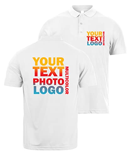 lepni.me Benutzerdefinierte Polo Shirts mit Ihrem Firmenlogo Personalisierte Vorder-und Rückseite Druck für Unternehmen Berufskleidung Uniform Veranstaltungen Golfliebhaber (M Weiß Mehrfarben)
