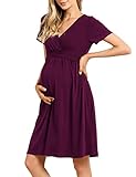 KOJOOIN Damen Umstandskleid V-Ausschnitt Stillkleid Casual Falten Schwangerschaftskleid Burgundy(Kurzarm) M