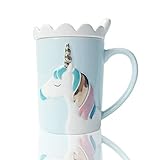 BigNoseDeer Keramik Tassen Einhorn Becher,Kaffeetasse Personalisiert Milch Teetassen mit Spitzendeckel und Löffel für Kinder, Frauen, Mädchen