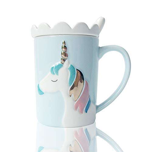 BigNoseDeer Keramik Tassen Einhorn Becher,Kaffeetasse Personalisiert Milch Teetassen mit Spitzendeckel und Löffel für Kinder, Frauen, Mädchen