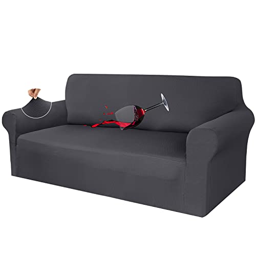 Luxurlife Stretch Spandex Sofabezug 3 Sitzer Moderne Sofaüberwurf Waffelmuster Rutschfester Sofahusse für Kinder,Haustiere (3 Sitzer, Grau)