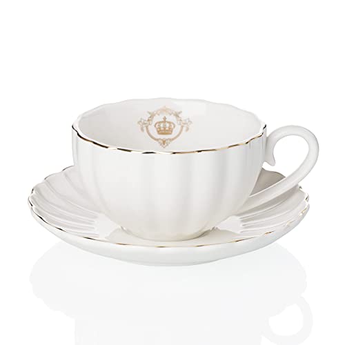 Amazingware Teetasse und Untertasse, 230ml britische Cappuccinotassen, Kaffeetassen, Espressotassen mit Goldrand, 1er-Set, weiß