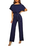 Dokotoo Damen Kurzarm Lang Jumpsuit Elegant Overall Jumpsuit O-Ausschnitt Playsuit Rückenfrei Sexy Hosen mit Gürtel Blau M