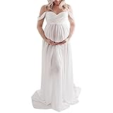 Mutterschaft Kleid für Fotografie solide Farbe Off-Shoulder Chiffon Kleid Front Split Lange Schwangerschaft Kleider für Fotoshooting (White, Medium)