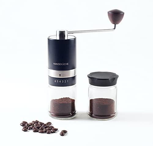 Hanseküche Kaffeemühle manuell – Hochwertige manuelle Kaffeemühle aus Edelstahl und verstellbaren Mahlgrad – Inklusive zusätzlichem Glasbehälter