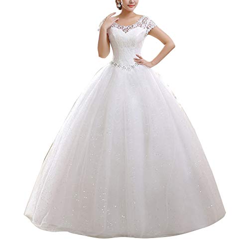 GELing Damen Hochzeitskleid Brautkleid Runde Ausschnitt Kurzarm Lange Spitzen Abendkleider Weiß EU 40