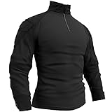 Memoryee Herren Military Tactical Army Combat Langarmhemd Slim Fit T-Shirt mit 1/4 Reißverschluss und Taschen/Schwarz/M(Tag XL)