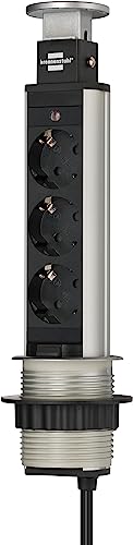 Brennenstuhl Tower Power Tischsteckdosenleiste 3-Fach (versenkbare Steckdosenleiste, Mehrfachsteckdose mit 2m Kabel, komplett in Tischplatte versenkbar) alu/schwarz
