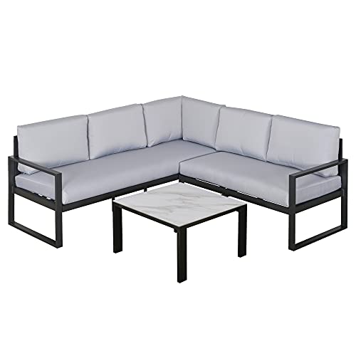 Outsunny 3-TLG. Gartengarnitur Gartenmöbel-Set Gartenset Sitzgruppe mit Couchtisch Sofa mit Kissen Outdoor Aluminium Grau