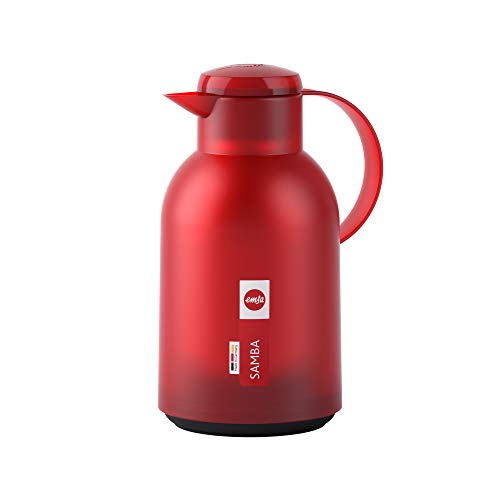 Emsa N4011700 Samba Isolierkanne (1,5 Liter, Quick Press Verschluss, 12h heiß und 24h kalt) Transluzent/Rot
