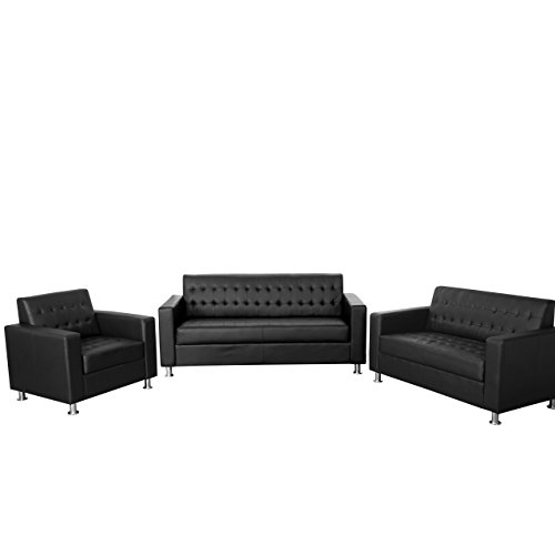 3-2-1 Sofagarnitur Kunda, Couch Loungesofa Kunstleder, Metall-Füße - schwarz