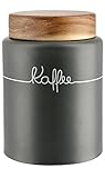 KHG Kaffeedose luftdicht für 250g Kaffeepulver gemahlen aus Keramik/Steingut in Anthrazit Grau mit Holz-Deckel, Kaffee-Vorratsdose rund & mit Aufdruck, Kaffee Aufbewahrung luftdicht & aromadicht