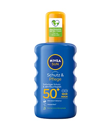 NIVEA SUN Schutz & Pflege Sonnenspray LSF 50+ (200 ml), Sonnencreme Spray für 48h Feuchtigkeit, sofortiger Sonnenschutz mit hochwirksamem UVA/UVB-Filtersystem