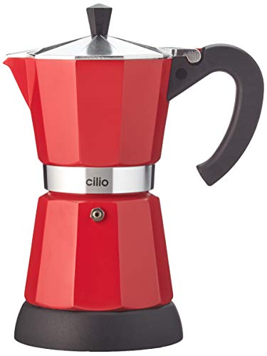 cilio Espressokocher Classico für 6 Tassen | elektrisch 480W | Ø 11,5 cm Höhe: 25 cm | Aluminium | Rot | integrierte Herdplatte | mit Warmhaltefunktion und Reduziersieb | für Reisen oder Camping