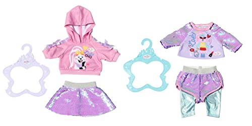 Zapf Creation 828182 BABY born Fashion 43cm, Puppenkleidung Puppenzubehör in lila rosa bestehend aus Kapuzenshirt und Rock oder Longsleeve und Hose, Farbe nicht frei wählbar.