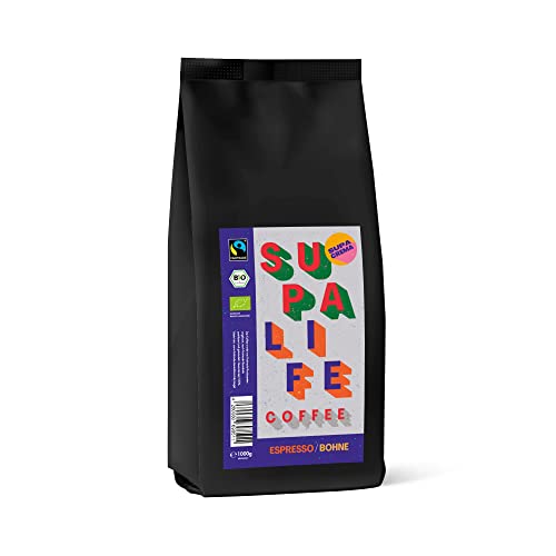 SUPALIFE Fairtrade Bio Espresso Bohnen 1kg | Kaffeebohnen mild & frisch geröstet I Direkt aus Honduras & Uganda | Perfekt für Vollautomat und Siebträger
