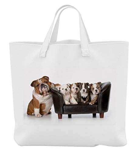 Merchandise for Fans Einkaufstasche - 45 x 42 cm x 9,5 cm, 18 Liter - Motiv: Englische Bulldogge Mutter und Welpen auf dem Sofa - 23