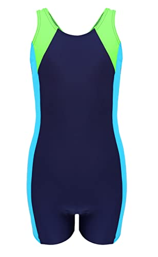 Aquarti Mädchen Badeanzug mit Bein Ringerrücken, Farbe: Dunkelblau/Neongrün/Hellblau, Größe: 152