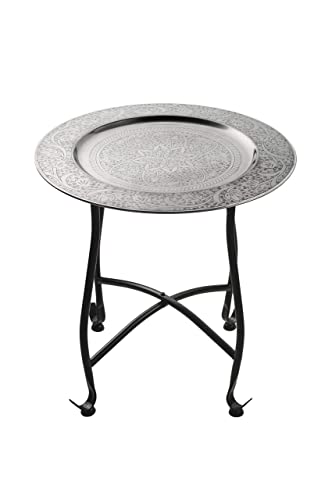 Marokkanischer Tisch Beistelltisch aus Metall Sule ø 40cm rund | Orientalischer runder Teetisch klein mit klappbaren Gestell in Schwarz | Das Tablett diese Klapptische ist orientalisch in Silber