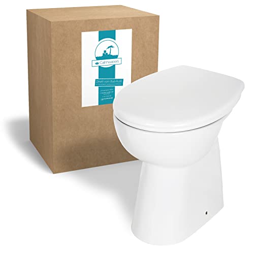 Calmwaters® Spülrandloses Stand-WC Komplettset Elements Wellness mit Toilettendeckel, erhöhtes WC + 7 cm, abnehmbarer WC-Sitz mit Absenkautomatik & Schnellbefestigung, Tiefspüler, Weiß, 07AB3134