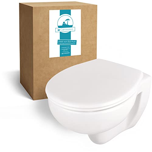 Calmwaters® spülrandloses Hänge WC - weniger Bakterien - wassersparend - geruchsarmer Tiefspüler - inkl. Toilettendeckel aus robustem Duroplast mit Absenkautomatik und Abnahmefunktion - weiß