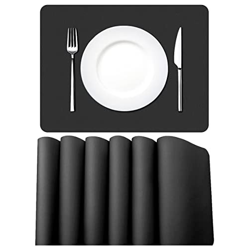 MORROLS Tischsets Abwaschbar, Tischset Leder 6er Set Abwischbar Lederoptik Kunstleder Wasserdicht PVC Platzset, Platzdeckchen für Küche Speisetisch, 42x30cm, Schwarz