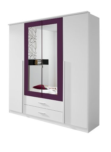Rauch Möbel Krefeld Schrank Kleiderschrank Drehtürenschrank in Weiß / Brombeer, 4-türig mit Spiegel und 2 Schubladen, BxHxT 181x199x56 cm