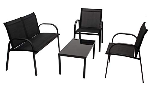DEGAMO Lounge Set Arona 4-teilig (2X Loungesessel, 1x Loungesofa, 1x Tisch 80x45cm), Metall + Textilgewebe schwarz