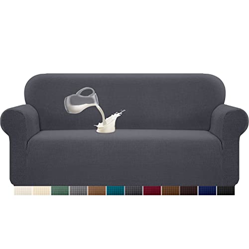 Granbest Stretch Wasserdicht Sofabezug 1 Stück Sofahusse Spandex Jacquard Elastische Couchbezug mit Anti-Rutsch-Schaumstoffe (3 Sitzer, Grau)