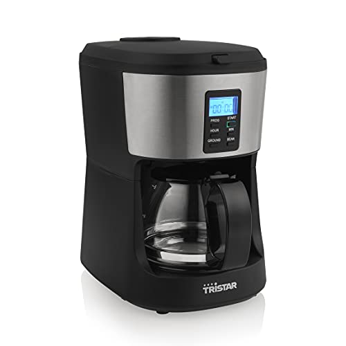 Tristar 2-in-1 Kaffeemaschine 6 Tassen, Integrierte Kaffeemühle, Timer, 0,75 L Glaskanne, Warmhaltefunktion, LED-Display, 650 Watt, BPA-Frei, CM-1280 Schwarz
