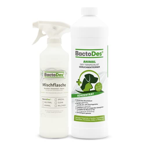 BactoDes Animal Tier Geruchsentferner - 1 Liter inkl. Mischflasche - Geruchskiller bei Katzenurin, Hundeurin und Kleintiere