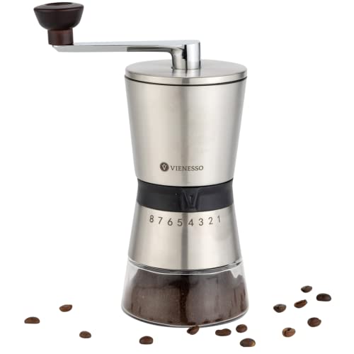 NEU: VIENESSO Kaffeemühle Manuell/Hand mit Keramikmahlwerk | manuelle Kaffee- und Espressomühle mit 8 Mahlstufen | Hand Kaffeemühle aus Edelstahl und Glasbehälter + E-Book