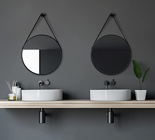Talos Aufhängegurt in Lederoptik-Spiegel rund mit hochwertigen Aluminiumrahmen, schwarz matt, Ø 50 cm