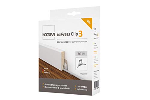 KGM Sockelleisten ExPress Clips 3 – Leistenclips für die unsichtbare & werkzeuglose Montage von Fußleisten – 30 Stück