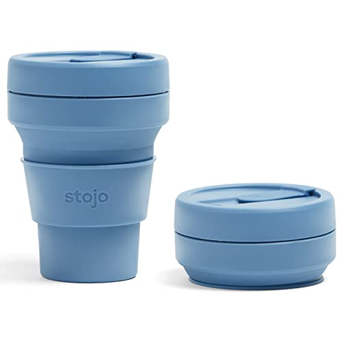Stojo On The Go zusammenfaltbarer Kaffeebecher | Zusammenfaltbarer Silikon-Reisebecher in Taschengröße | Brooklyn Collection – 355 ml Steel Blue