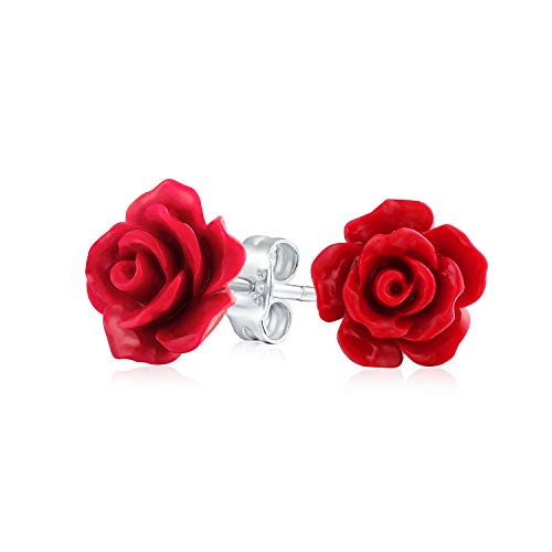 Romantische zarte Blumen blühend 3D Craved rote Rose Blume Ohrstecker für Frauen für Teen für Mutter Silber vergoldet