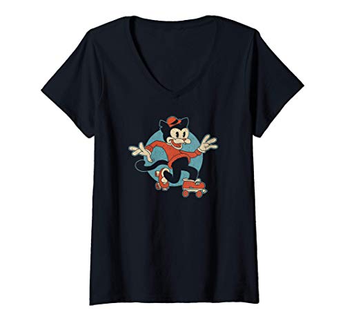 Damen Rollschuh Funky Cat - Retro Style T-Shirt mit V-Ausschnitt