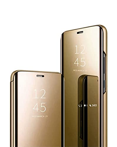 Jacyren Kompatibel Samsung Galaxy S7 Edge Hülle, Leder Flip Case Spiegel Handyhülle S7 Schutzhülle 360°Hard PC Transluzent View Miroir Stoßfest Cover Ständer Funktion Tasche Etui (S7 Edge, Gold)